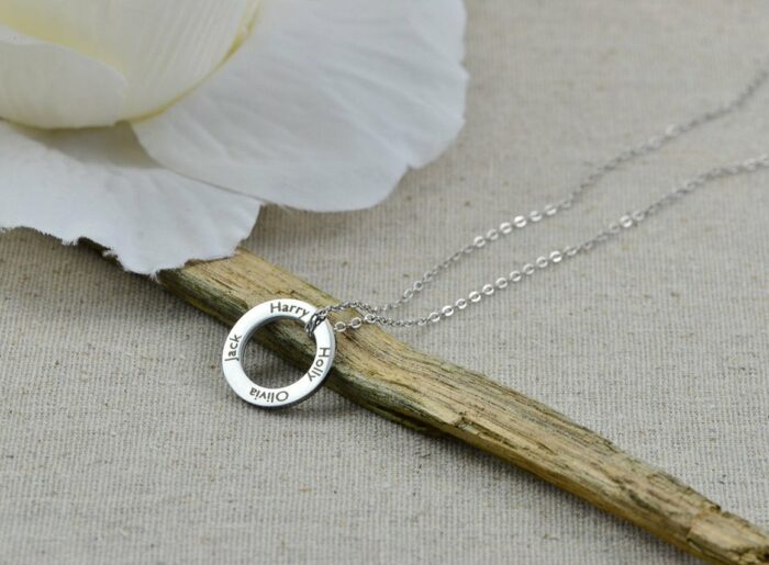 Personalised Circle Family Necklace, Name Engraved Ring Custom Necklace, Silver Round Charm Necklace, Customised Bridesmaids Gift Jewellery
