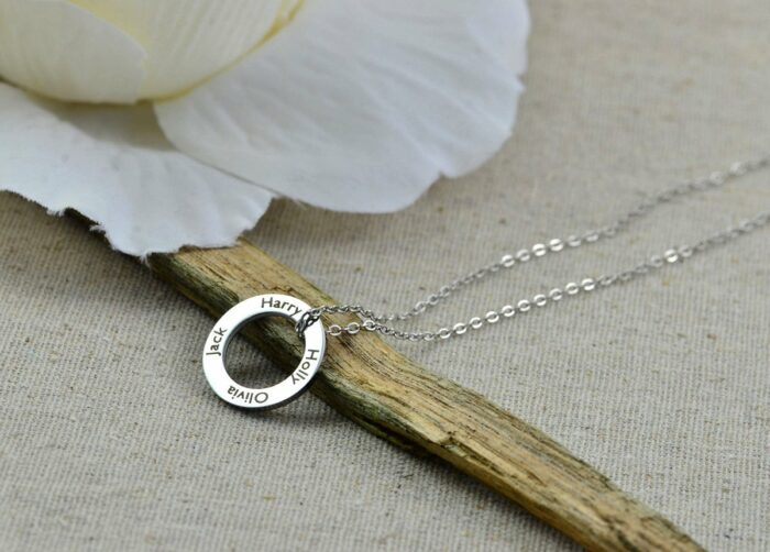 Personalised Circle Family Necklace, Name Engraved Ring Custom Necklace, Silver Round Charm Necklace, Customised Bridesmaids Gift Jewellery