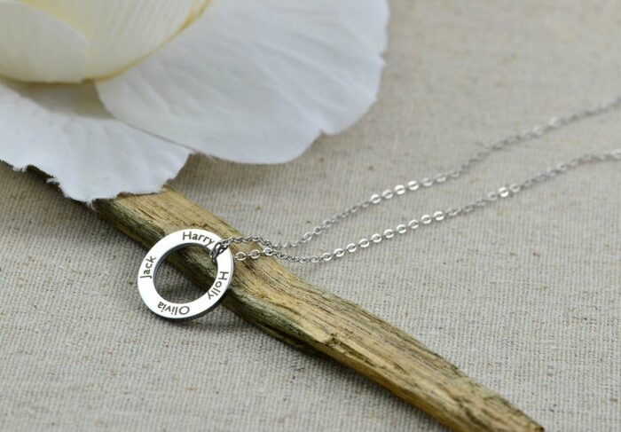 Personalised Circle Family Necklace, Name Engraved Ring Custom Necklace, Silver Round Charm Necklace, Customised Bridesmaids Gift Jewellery