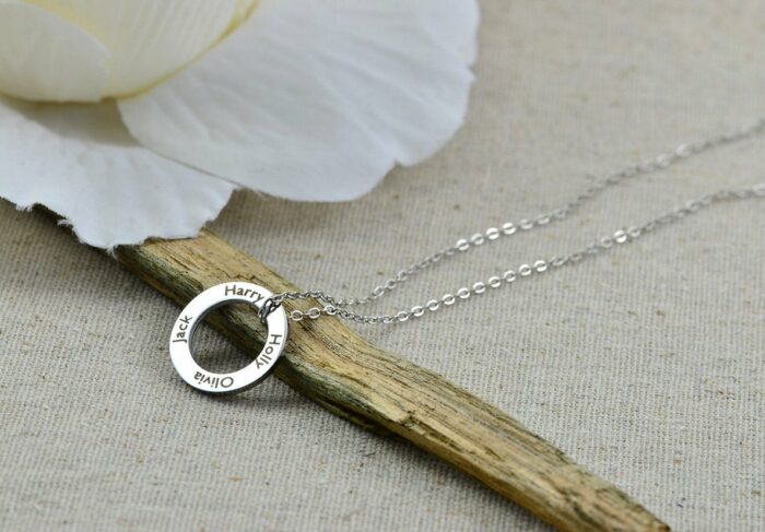 Personalised Circle Family Necklace, Name Engraved Ring Custom Necklace, Silver Round Charm Necklace, Customised Bridesmaids Gift Jewellery