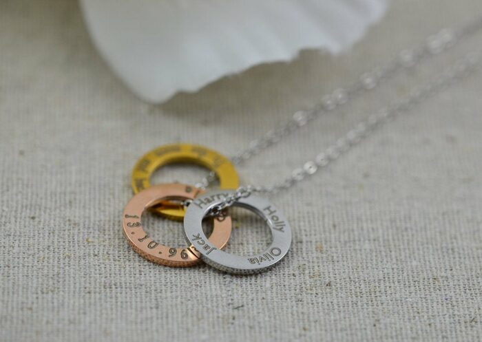 Personalised Circle Family Necklace, Name Engraved Ring Custom Necklace, Silver Round Charm Necklace, Customised Bridesmaids Gift Jewellery