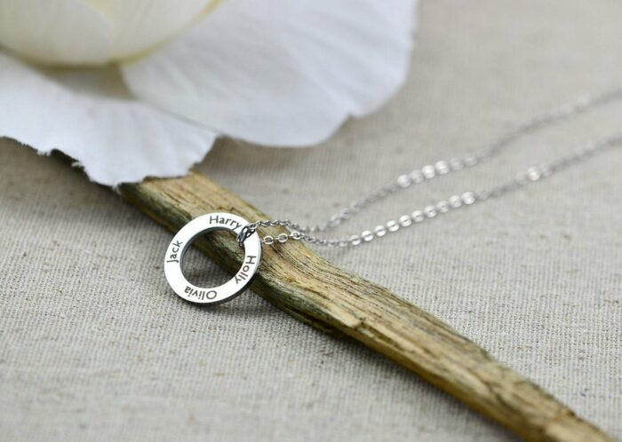 Personalised Circle Family Necklace, Name Engraved Ring Custom Necklace, Silver Round Charm Necklace, Customised Bridesmaids Gift Jewellery