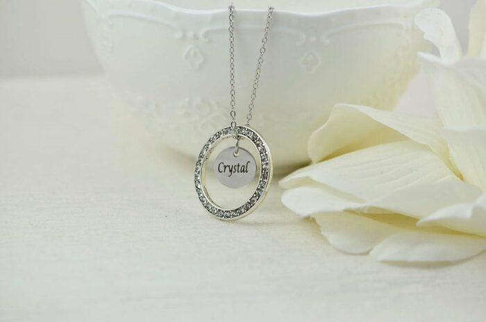 Personalised Circle Name Necklace, Custom Crystal Cubic Zirconia Charm Necklace Jewellery, Bridesmaids Wedding Engraved Name Silver Necklace