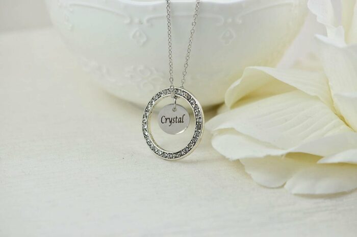 Personalised Circle Name Necklace, Custom Crystal Cubic Zirconia Charm Necklace Jewellery, Bridesmaids Wedding Engraved Name Silver Necklace