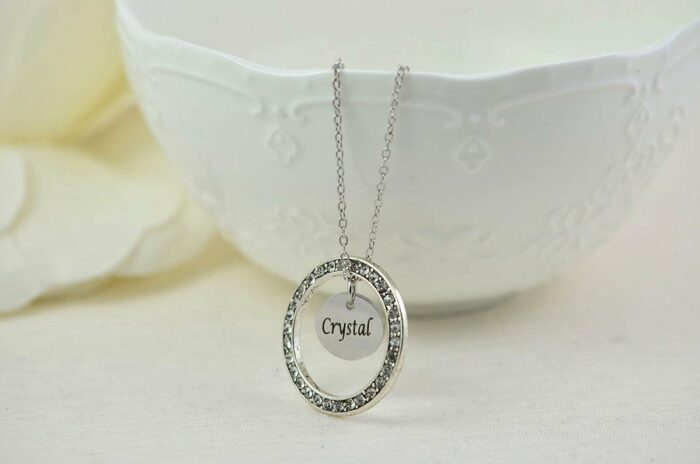 Personalised Circle Name Necklace, Custom Crystal Cubic Zirconia Charm Necklace Jewellery, Bridesmaids Wedding Engraved Name Silver Necklace