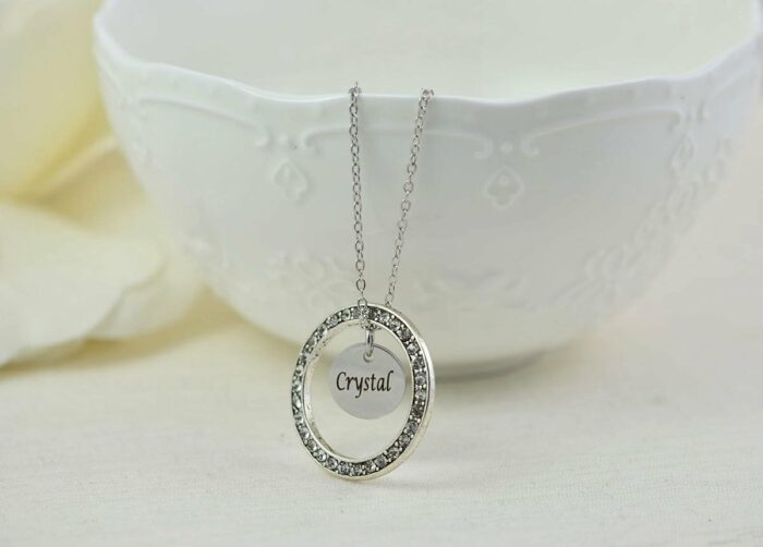 Personalised Circle Name Necklace, Custom Crystal Cubic Zirconia Charm Necklace Jewellery, Bridesmaids Wedding Engraved Name Silver Necklace