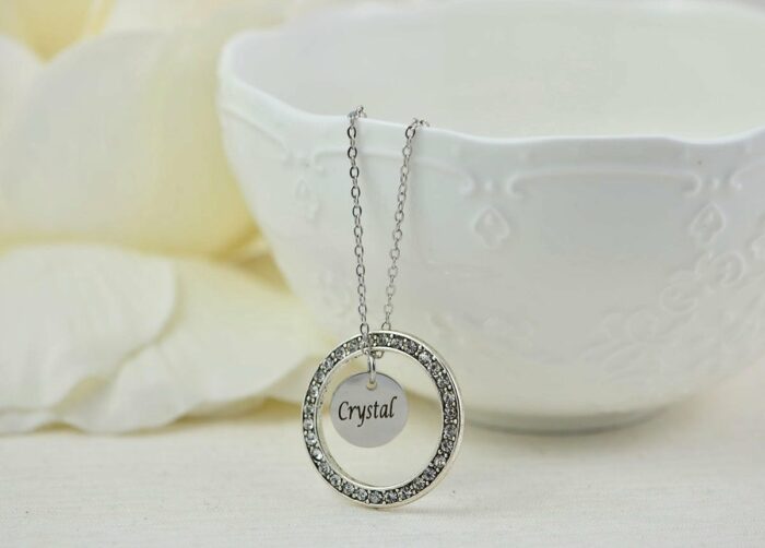 Personalised Circle Name Necklace, Custom Crystal Cubic Zirconia Charm Necklace Jewellery, Bridesmaids Wedding Engraved Name Silver Necklace