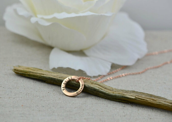 Personalised Circle Ring Necklace, Rose Gold Name Engraved Ring Custom Eternity Necklace, Round Charm Customised Bridesmaids Gift Jewelry