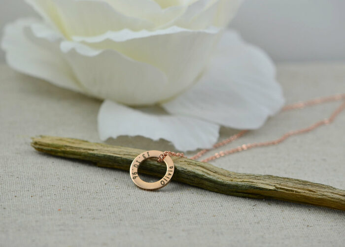 Personalised Circle Ring Necklace, Rose Gold Name Engraved Ring Custom Eternity Necklace, Round Charm Customised Bridesmaids Gift Jewelry