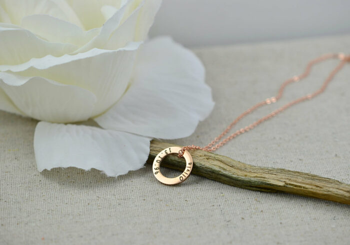 Personalised Circle Ring Necklace, Rose Gold Name Engraved Ring Custom Eternity Necklace, Round Charm Customised Bridesmaids Gift Jewelry