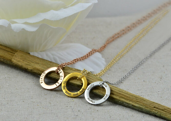 Personalised Circle Ring Necklace, Rose Gold Name Engraved Ring Custom Eternity Necklace, Round Charm Customised Bridesmaids Gift Jewelry