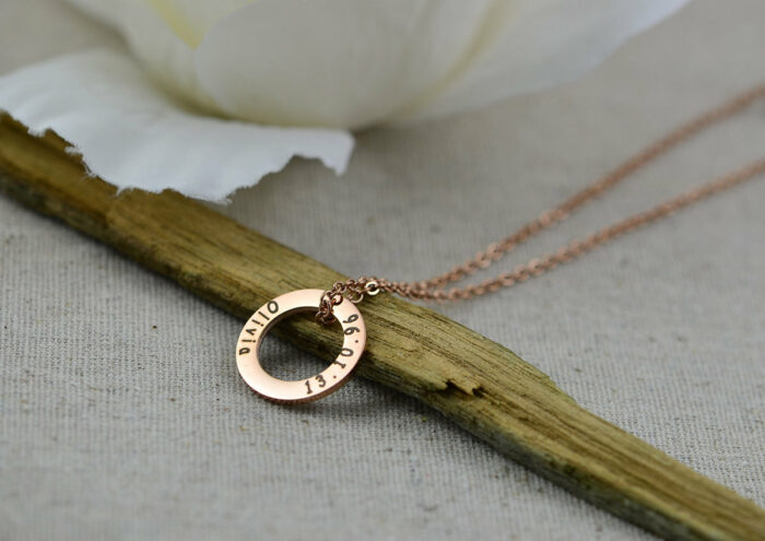 Personalised Circle Ring Necklace, Rose Gold Name Engraved Ring Custom Eternity Necklace, Round Charm Customised Bridesmaids Gift Jewelry