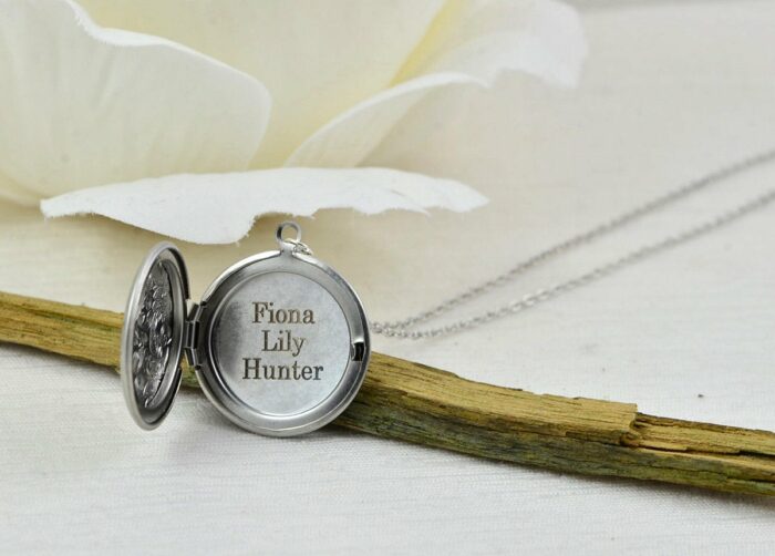 Personalised Engraved Floral Locket Necklace, Silver Round Locket Name Necklace, Stainless Steel Silver Bridesmaids Birthday Necklace