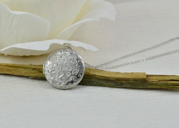 Personalised Engraved Floral Locket Necklace, Silver Round Locket Name Necklace, Stainless Steel Silver Bridesmaids Birthday Necklace