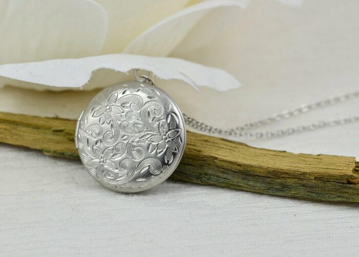 Personalised Engraved Floral Locket Necklace, Silver Round Locket Name Necklace, Stainless Steel Silver Bridesmaids Birthday Necklace