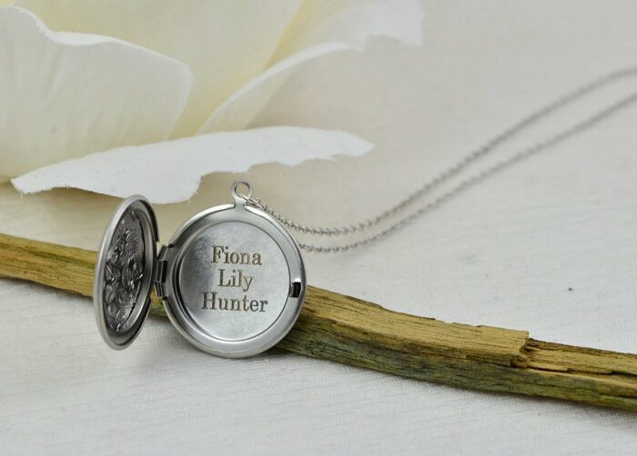 Personalised Engraved Floral Locket Necklace, Silver Round Locket Name Necklace, Stainless Steel Silver Bridesmaids Birthday Necklace