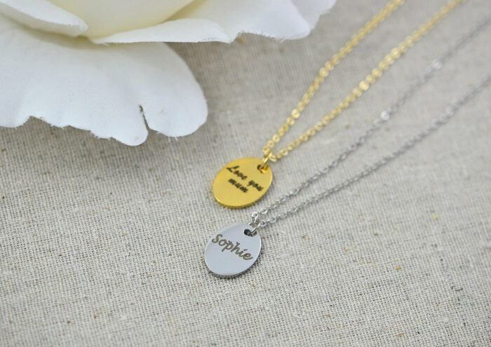 Personalised Engraved Flower Necklace, Oval Charm Flower Custom Necklace, Minimalist Flower Charm Necklace, Mothers Day Gift Women Jewellery