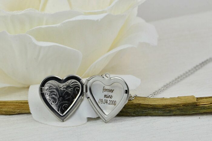 Personalised Engraved Heart Locket Necklace, Silver Floral Locket Name Necklace, Stainless Steel Silver Bridesmaids Birthday Necklace