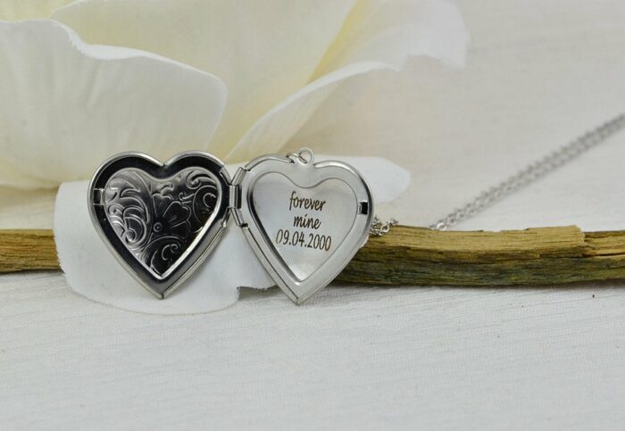 Personalised Engraved Heart Locket Necklace, Silver Floral Locket Name Necklace, Stainless Steel Silver Bridesmaids Birthday Necklace