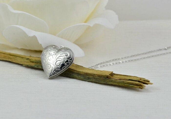 Personalised Engraved Heart Locket Necklace, Silver Floral Locket Name Necklace, Stainless Steel Silver Bridesmaids Birthday Necklace