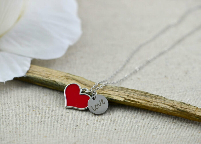 Personalised Engraved Heart Necklace, Silver Red Heart Charm Name Necklace, Stainless Steel Silver Mothers Day Bridesmaids Birthday Necklace