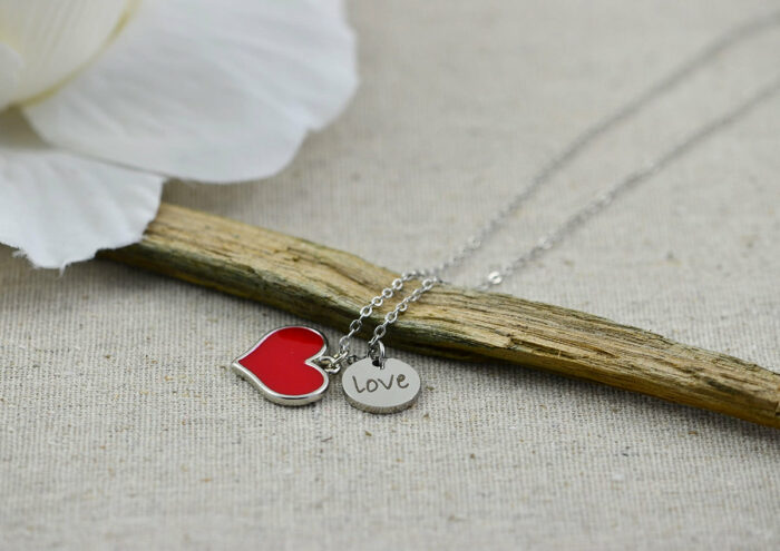 Personalised Engraved Heart Necklace, Silver Red Heart Charm Name Necklace, Stainless Steel Silver Mothers Day Bridesmaids Birthday Necklace