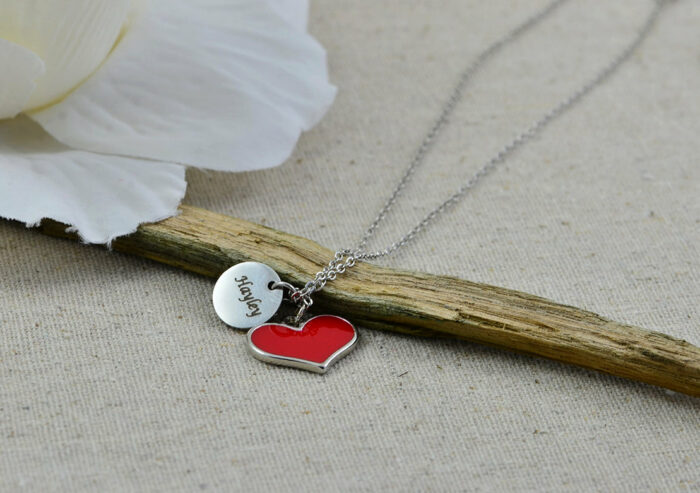 Personalised Engraved Heart Necklace, Silver Red Heart Charm Name Necklace, Stainless Steel Silver Mothers Day Bridesmaids Birthday Necklace