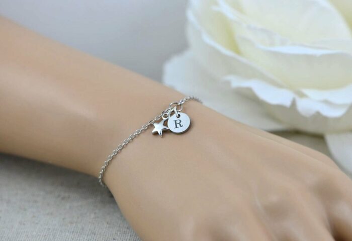 Personalised Engraved Star Bracelet, Dainty Initials Personalised Silver Bracelet, Bridesmaids Stainless Steel Adjustable Wedding Bracelet