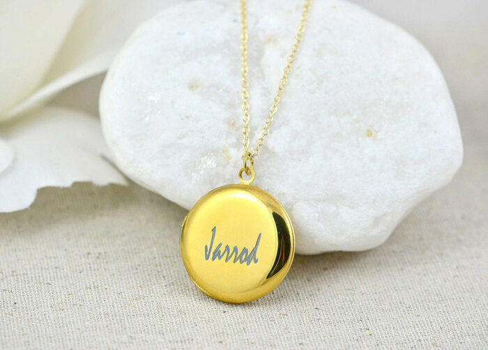 Personalised Gold Locket Necklace, Engraved Gold Locket Necklace, Gift for Her, Memorial Present, Round Stainless Steel Gold Name Necklace