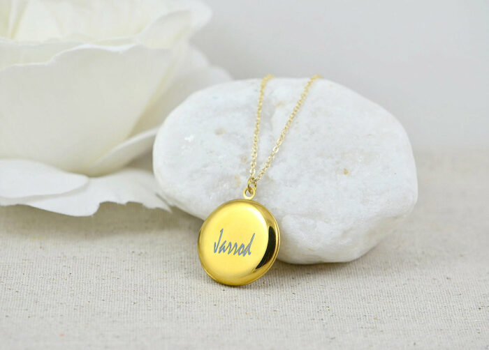 Personalised Gold Locket Necklace, Engraved Gold Locket Necklace, Gift for Her, Memorial Present, Round Stainless Steel Gold Name Necklace