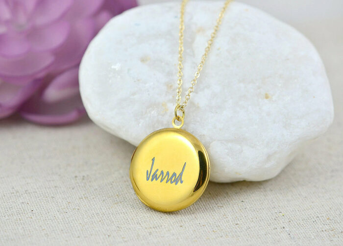 Personalised Gold Locket Necklace, Engraved Gold Locket Necklace, Gift for Her, Memorial Present, Round Stainless Steel Gold Name Necklace