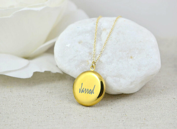 Personalised Gold Locket Necklace, Engraved Gold Locket Necklace, Gift for Her, Memorial Present, Round Stainless Steel Gold Name Necklace