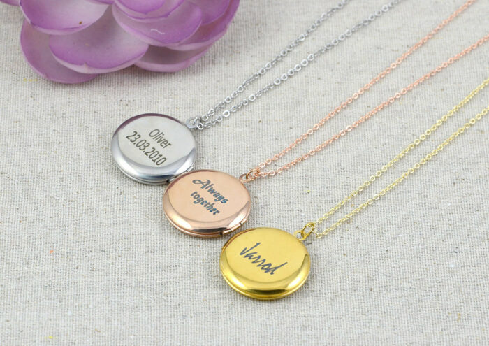 Personalised Gold Locket Necklace, Engraved Gold Locket Necklace, Gift for Her, Memorial Present, Round Stainless Steel Gold Name Necklace