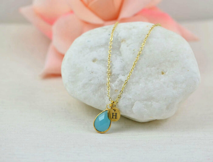 Personalised Gold Turquoise Drop Necklace, Initials Everyday Crystal Charm Necklace, Bridesmaids Wedding Engraved Initial Gold Drop Necklace