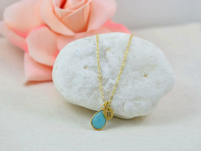 Personalised Gold Turquoise Drop Necklace, Initials Everyday Crystal Charm Necklace, Bridesmaids Wedding Engraved Initial Gold Drop Necklace