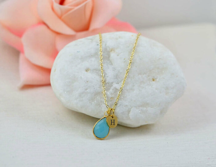 Personalised Gold Turquoise Drop Necklace, Initials Everyday Crystal Charm Necklace, Bridesmaids Wedding Engraved Initial Gold Drop Necklace