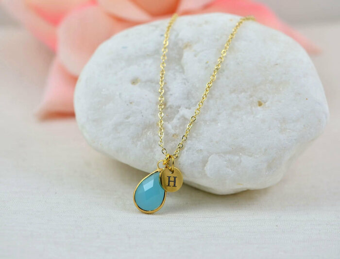 Personalised Gold Turquoise Drop Necklace, Initials Everyday Crystal Charm Necklace, Bridesmaids Wedding Engraved Initial Gold Drop Necklace