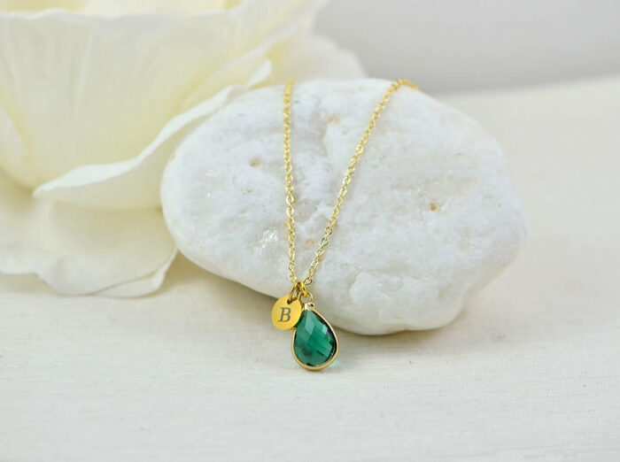 Personalised Gold Turquoise Drop Necklace, Initials Everyday Crystal Charm Necklace, Bridesmaids Wedding Engraved Initial Gold Drop Necklace