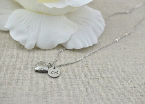 Personalised Heart Locket Necklace, Engraved Silver Floral Locket Name Necklace, Stainless Steel Silver Bridesmaids Birthday Necklace