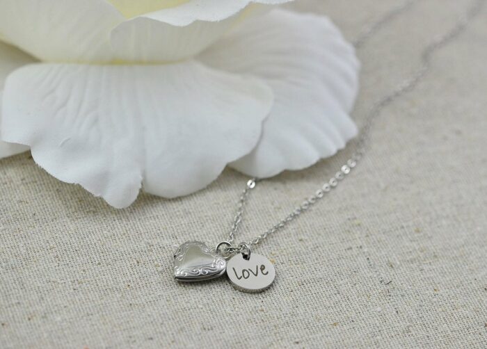 Personalised Heart Locket Necklace, Engraved Silver Floral Locket Name Necklace, Stainless Steel Silver Bridesmaids Birthday Necklace