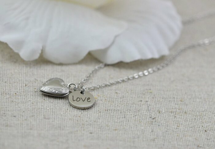 Personalised Heart Locket Necklace, Engraved Silver Floral Locket Name Necklace, Stainless Steel Silver Bridesmaids Birthday Necklace