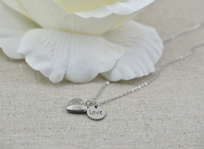 Personalised Heart Locket Necklace, Engraved Silver Floral Locket Name Necklace, Stainless Steel Silver Bridesmaids Birthday Necklace