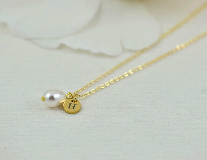 Personalised Initials Necklace, Dainty Pearl Drop Charm Silver Necklace, Bridesmaids Letter Necklace, Engraved Swarovski Pearl Necklace