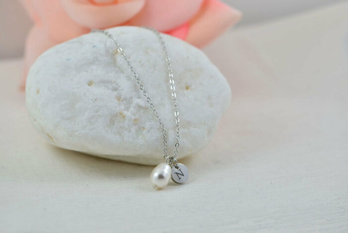 Personalised Initials Necklace, Dainty Pearl Drop Charm Silver Necklace, Bridesmaids Letter Necklace, Engraved Swarovski Pearl Necklace