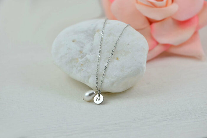 Personalised Initials Necklace, Dainty Pearl Drop Charm Silver Necklace, Bridesmaids Letter Necklace, Engraved Swarovski Pearl Necklace