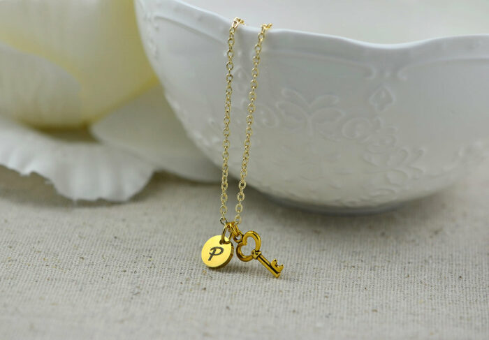 Personalised Key Initials Necklace, Gold Key Charm Necklace, Premium Stainless Steel Gold Necklace, Bridesmaids Birthday Initials Necklace