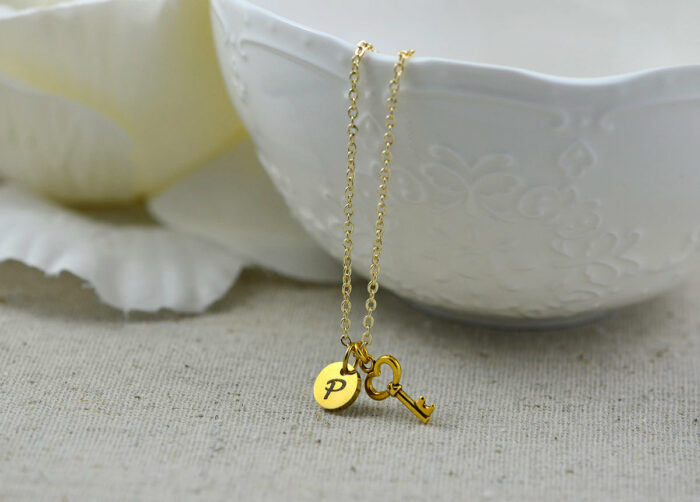 Personalised Key Initials Necklace, Gold Key Charm Necklace, Premium Stainless Steel Gold Necklace, Bridesmaids Birthday Initials Necklace