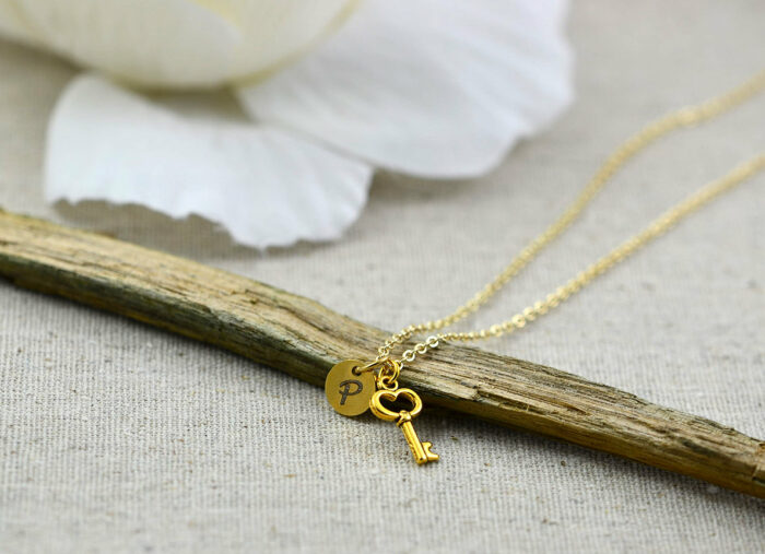 Personalised Key Initials Necklace, Gold Key Charm Necklace, Premium Stainless Steel Gold Necklace, Bridesmaids Birthday Initials Necklace