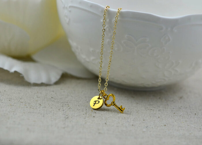 Personalised Key Initials Necklace, Gold Key Charm Necklace, Premium Stainless Steel Gold Necklace, Bridesmaids Birthday Initials Necklace