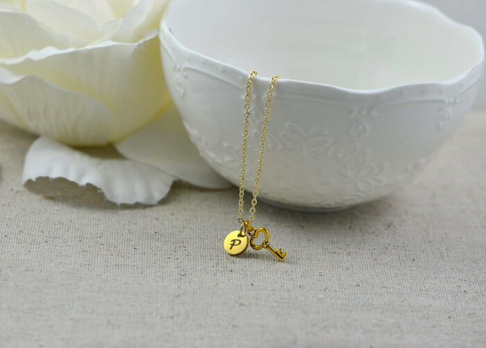 Personalised Key Initials Necklace, Gold Key Charm Necklace, Premium Stainless Steel Gold Necklace, Bridesmaids Birthday Initials Necklace